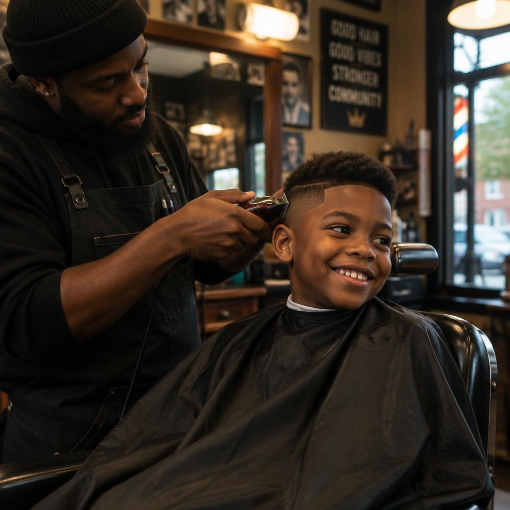 Kid smiling during a haircut