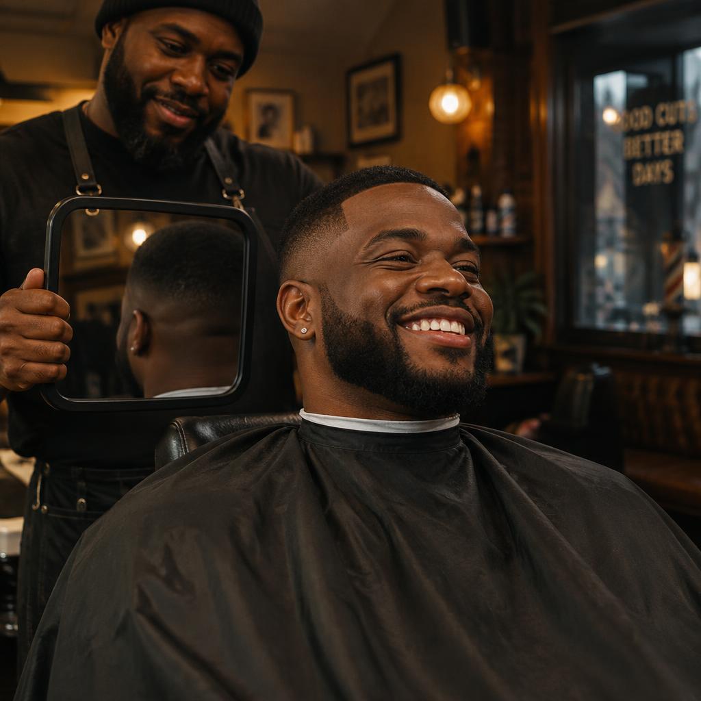 Happy client checking his fresh cut